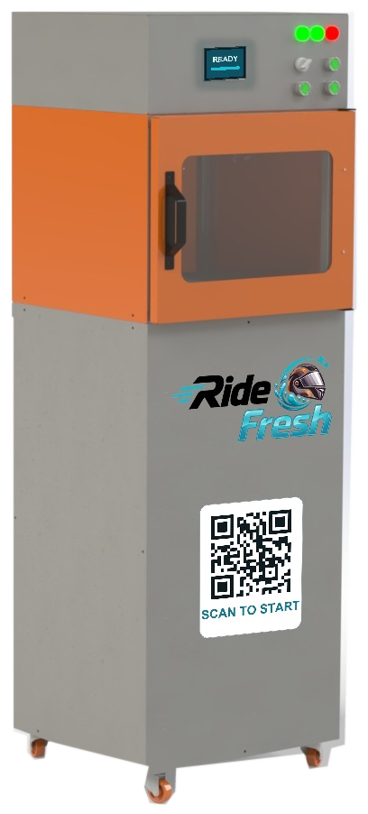 The RideFresh machine: a grey control box with a screen and buttons, an orange cleaning chamber with a window, and a grey cabinet with the RideFresh logo and a scan code