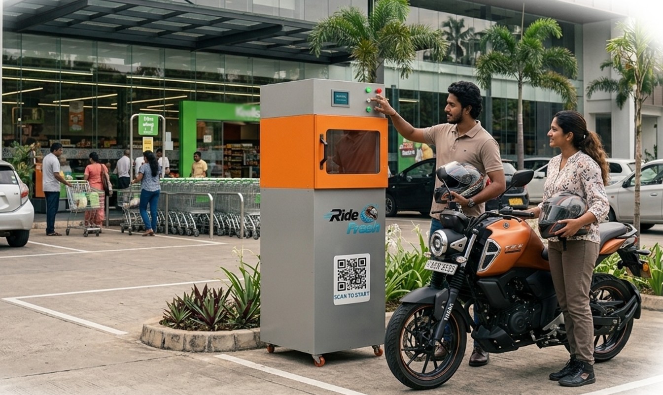 A RideFresh machine in a supermarket car park, with two riders and their helmets beside it